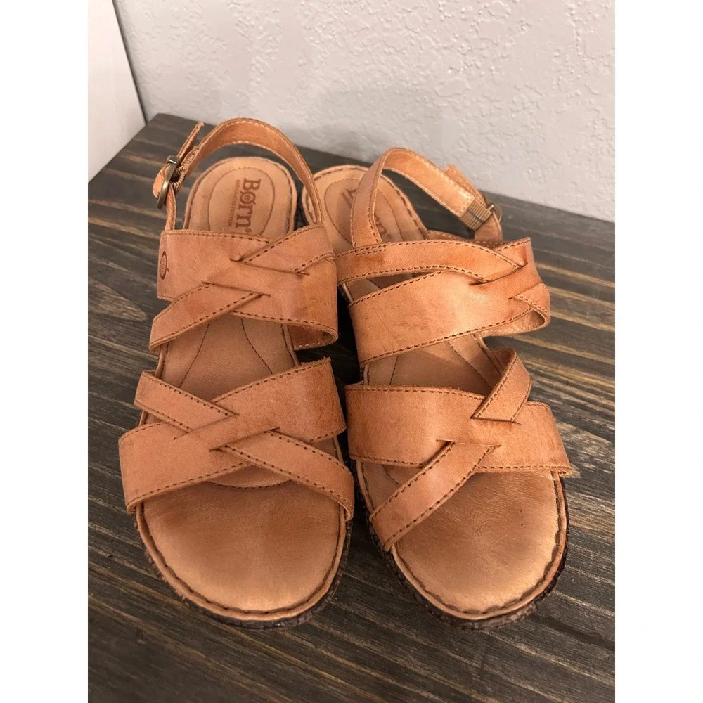 Born‎ Tan Leather Strappy Wedge Sandals 6M Slingback Boho Vacation Summer Spring